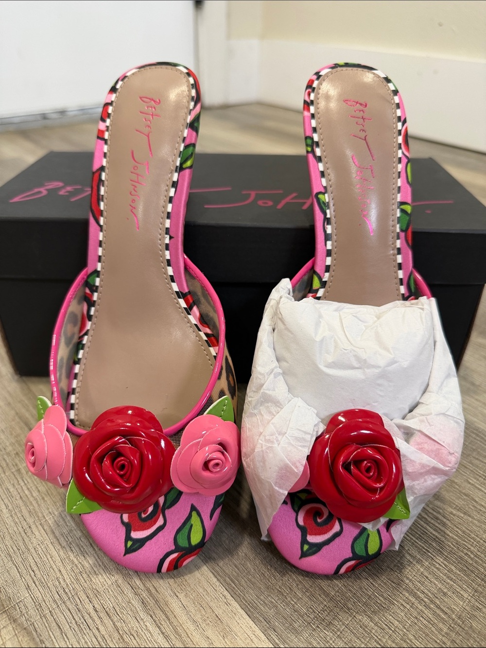 Betsey Johnson Pink Floral Rose Mule Heels with Red & Light Pink Appliqués